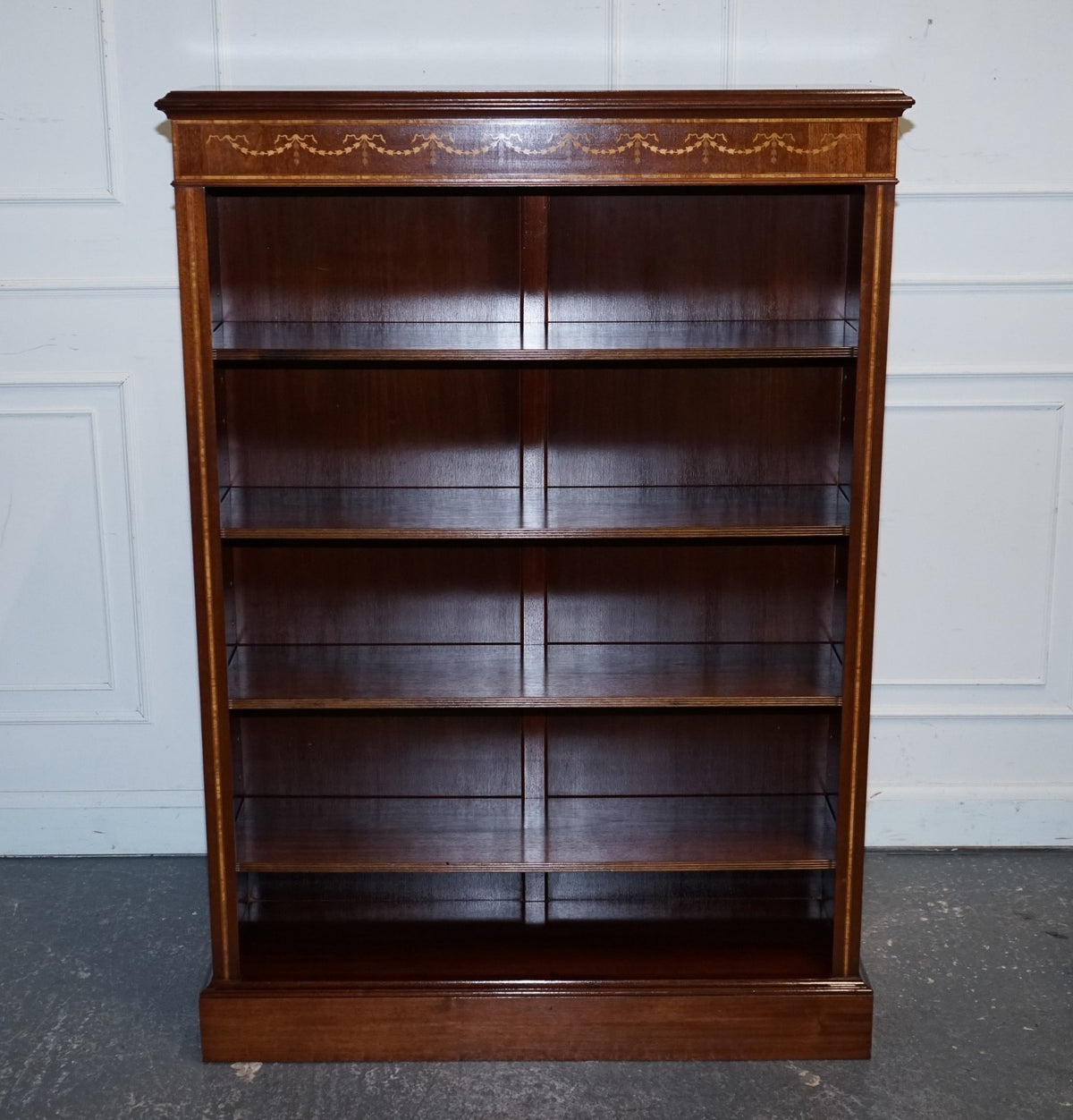 LARGE VINTAGE EDWARDIAN STYLE INLAID SHERATON OPEN BOOKCASE ADJUSTABLE SHELVES
