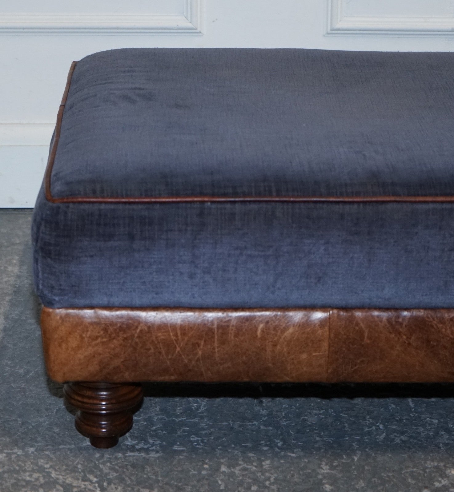LARGE TETRAD CONSTABLE OTTOMAN RECTANGULAR FOOTSTOOL BLUE FABRIC & LEATHER BASE