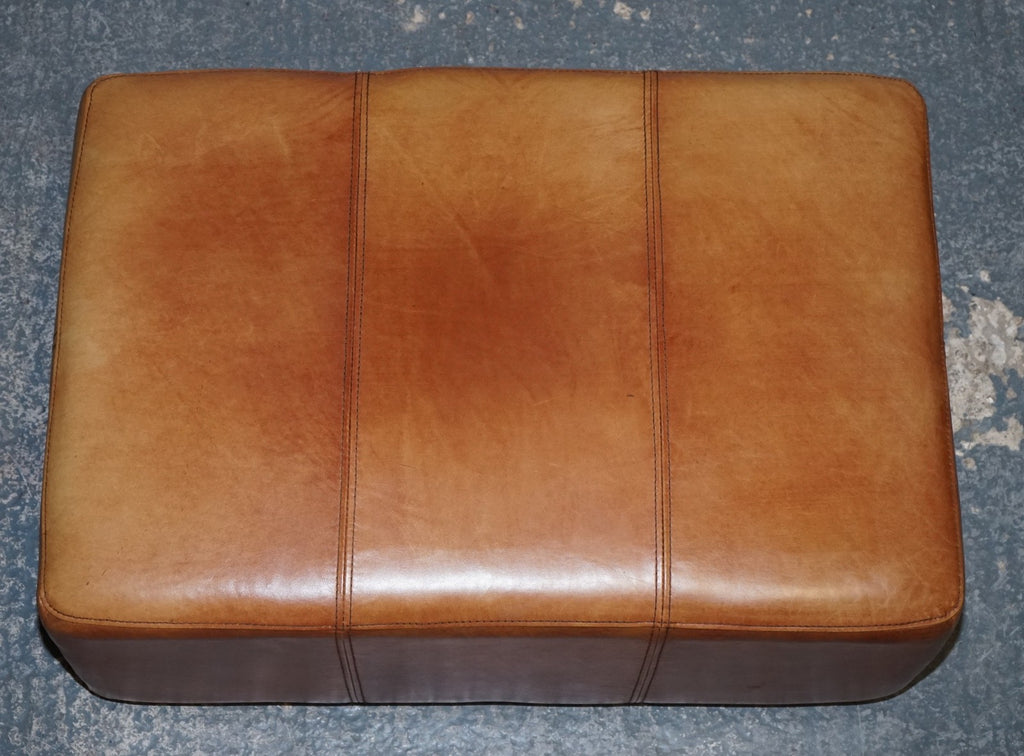 VINTAGE LARGE TAN LEATHER FOOTSTOOL OTTOMAN MADE BY HALO