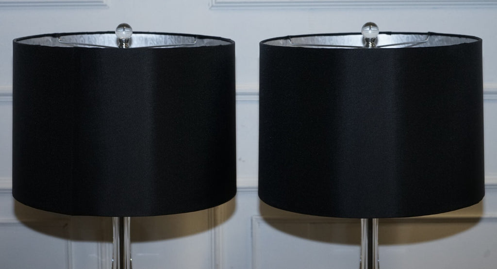 PAIR OF CLEAR GLASS TABLE LAMPS WITH BLACK SHADES