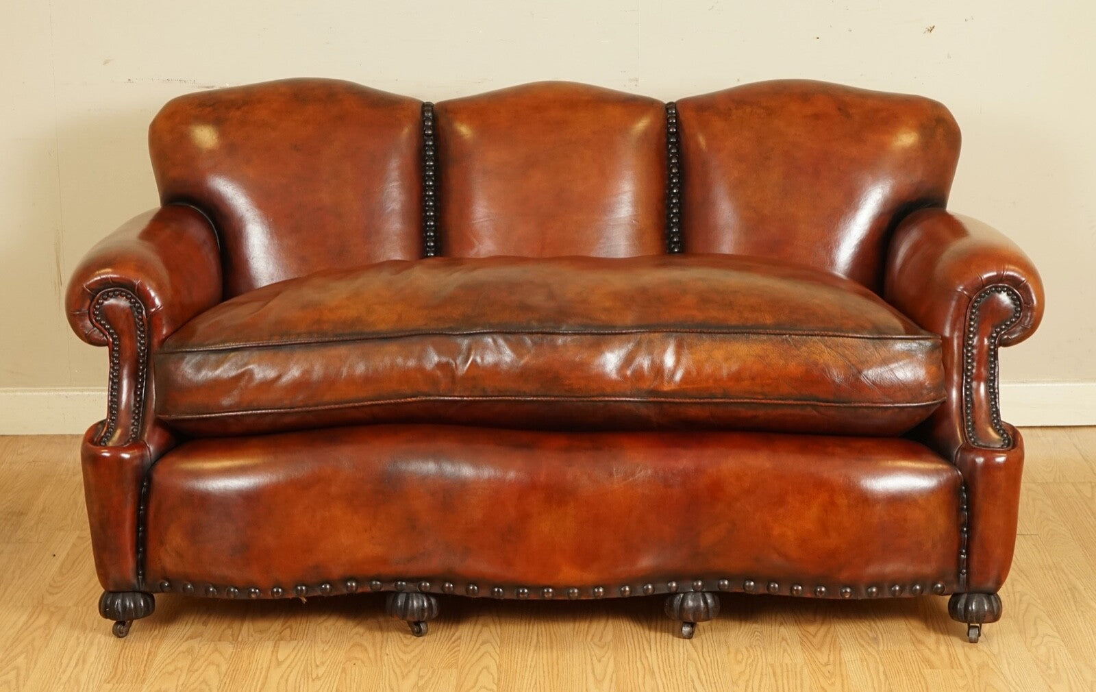 FULLY RESTORED HAND DYED WHISKY BROWN EDWARDIAN SOFA WITH FEATHER FILLED CUSHION