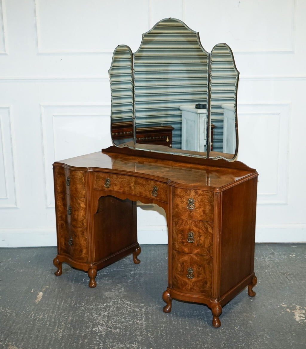 ANTIQUE 1920'S BURR WALNUT ART DECO DRESSING TABLE WITH PLENTY OF DRAWERS