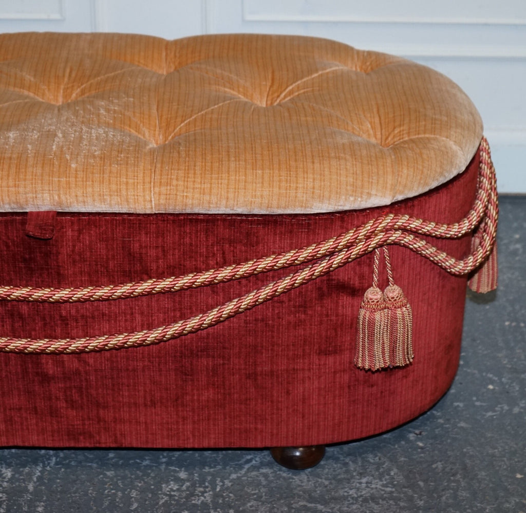 ANTIQUE VICTORIAN FABRIC OTTOMAN BLANKET BED END STORAGE BOX WITH TASSEL ACCENTS
