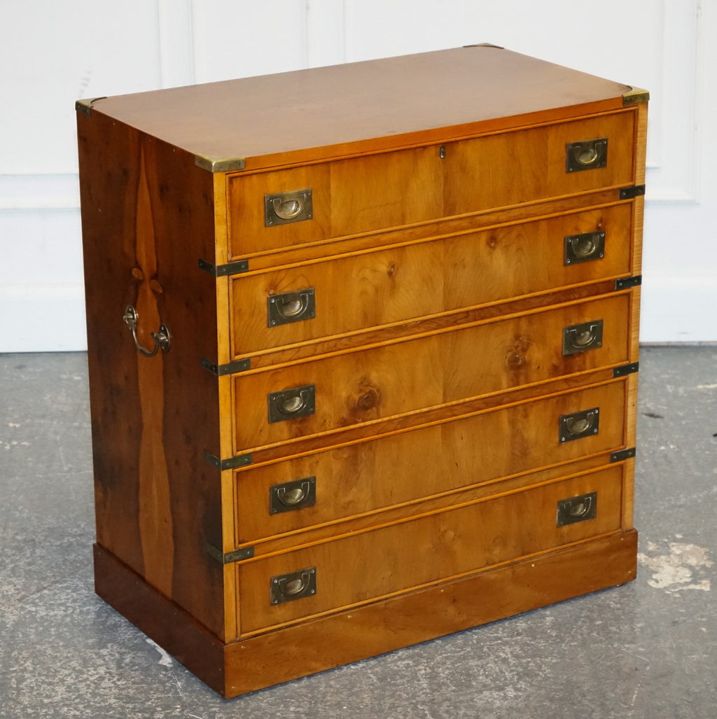 VINTAGE MILITARY CAMPAIGN YEW WOOD SECRETARY CHEST OF DRAWERS WiTH BRASS HANDLES