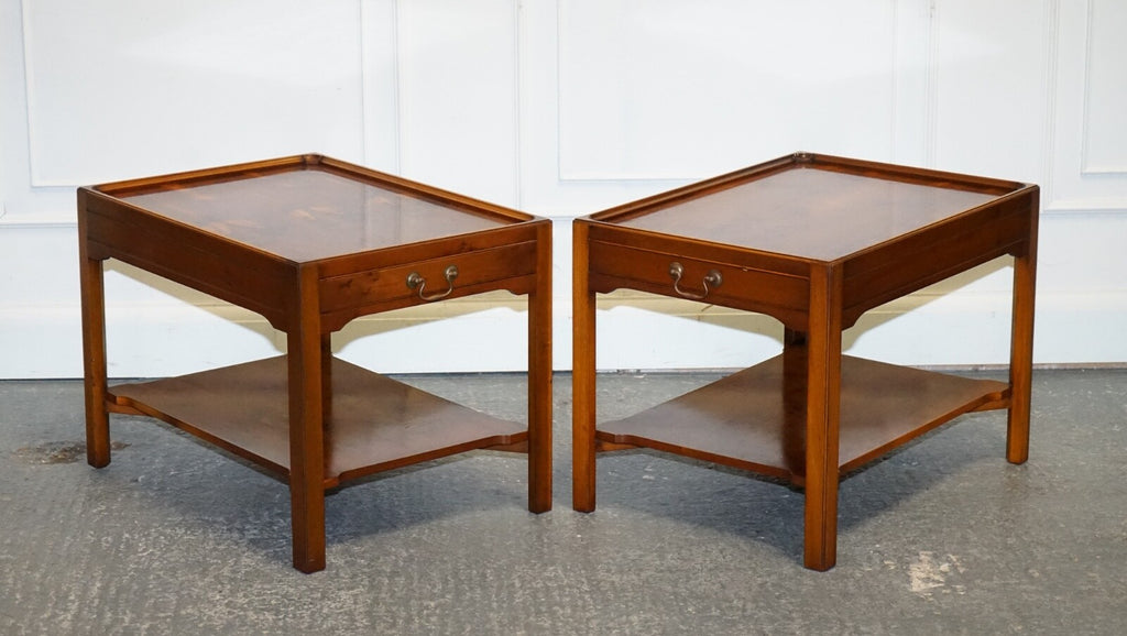 VINTAGE PAIR OF BEVAN FUNNELL YEW WOOD TWO TIERED SIDE LAMP SIDE TABLES