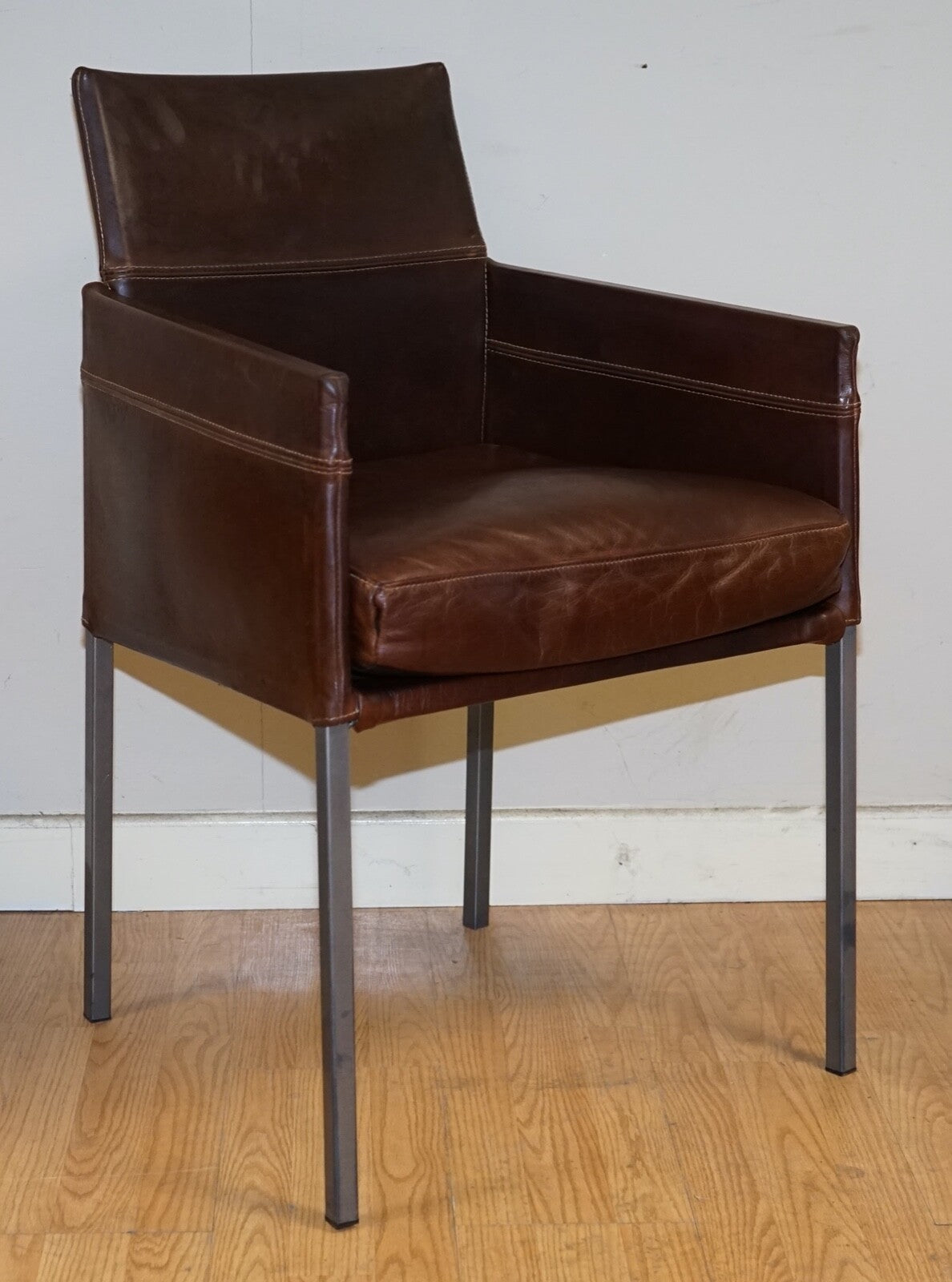 VINTAGE BROWN LEATHER AND STEEL TEXAS DINING CHAIR BY KARL FRIEDRICH FÖRSTER