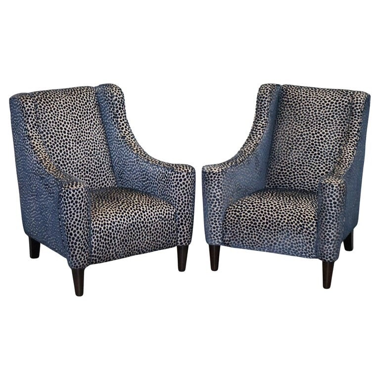 BEAUTIFUL PAIR OF NAVY BLUE LEOPARD PRINT FLAT ARM ARMCHAIRS