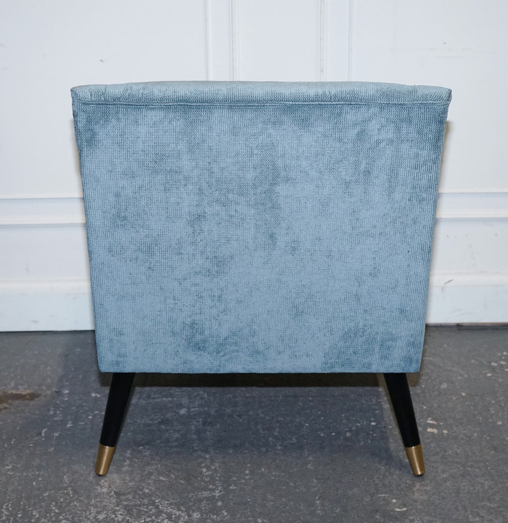 ELEGANT PALE BLUE VELVER SIDE CHAIR ARMCHAIR WITH BLACK AND GOLD LEGS