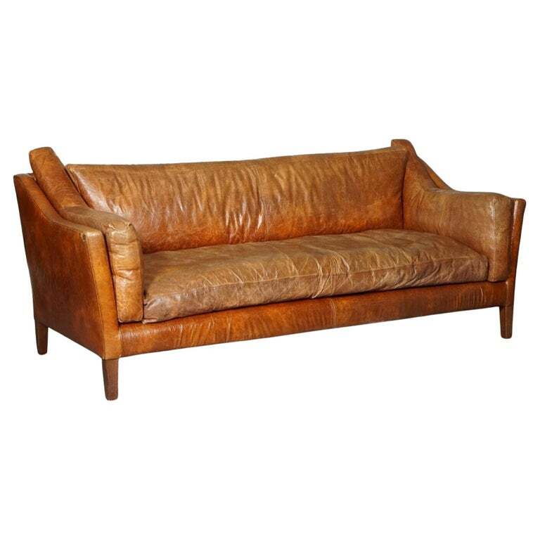 STUNNING LARGE VINTAGE TAN LEATHER CONTEMPORARY DESIGNER SOFA