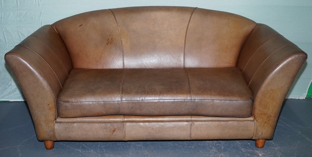 VINTAGE ART DECO STYLE BROWN LEATHER TWO SEATER SOFA
