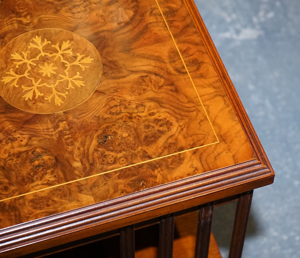 VINTAGE BURR WALNUT TOP REVOLVING BOOKCASE RAISED ON CASTORS