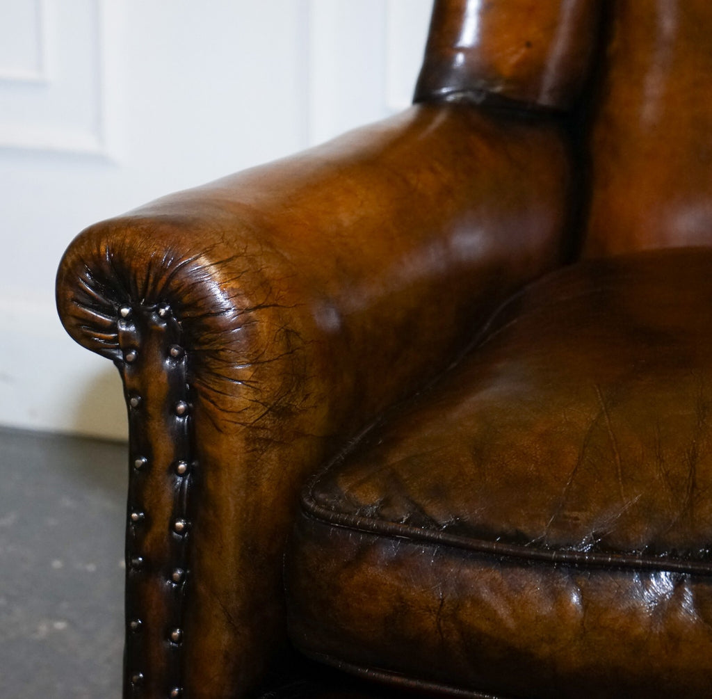 STUNNING EARLY VICTORIAN HAND DYED BROWN LEATHER READING LOUNGE ARMCHAIR