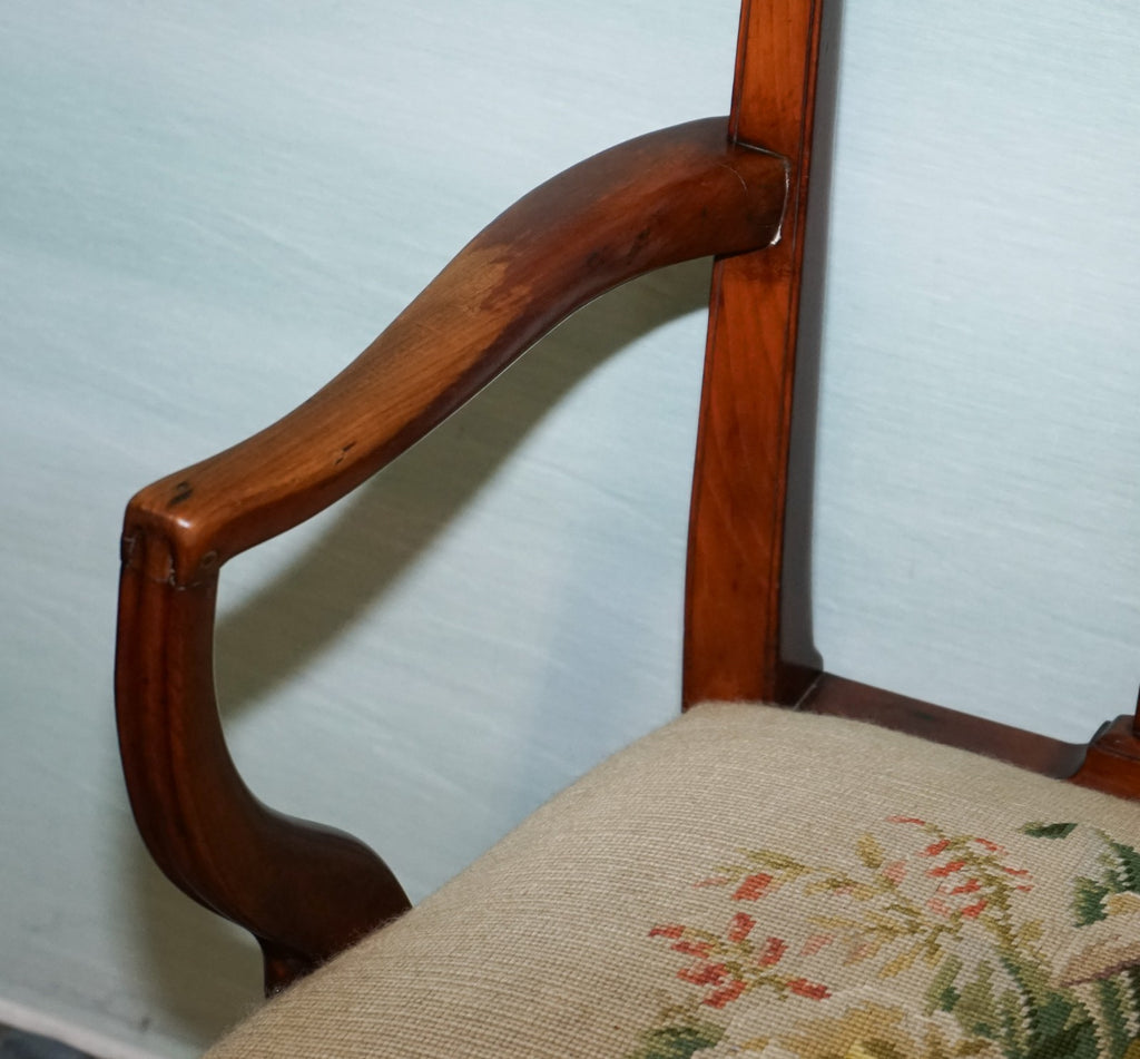 19TH CENTRY SINGLE HEPPLEWHITE ELBOW ARMCHAIR WITH FLORAL NEEDLEPOINT CUSHION
