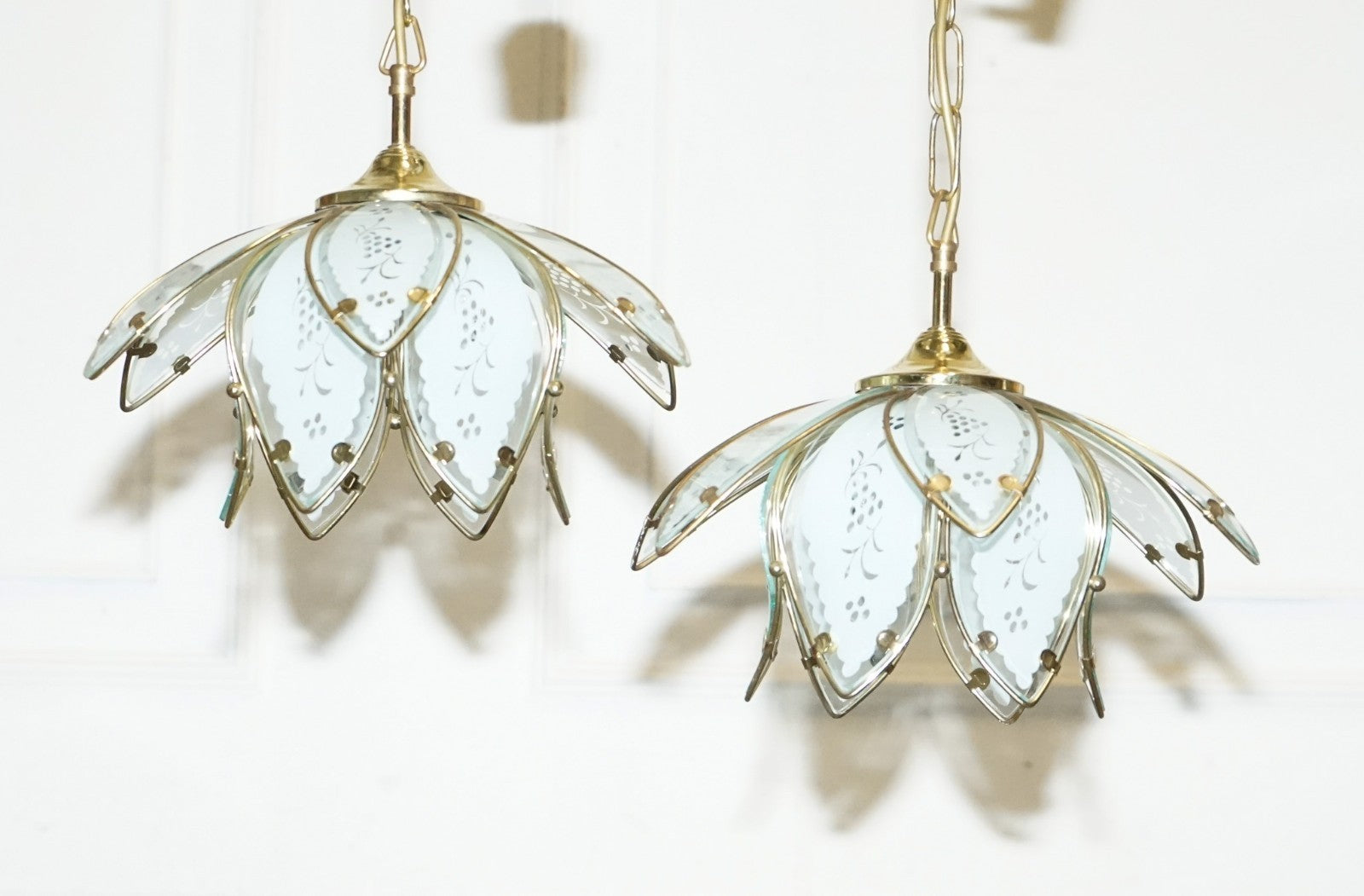 PAIR OF ART DECO STYLE 1960'S FLOWER LOTUS GLASS CEILING LAMPS
