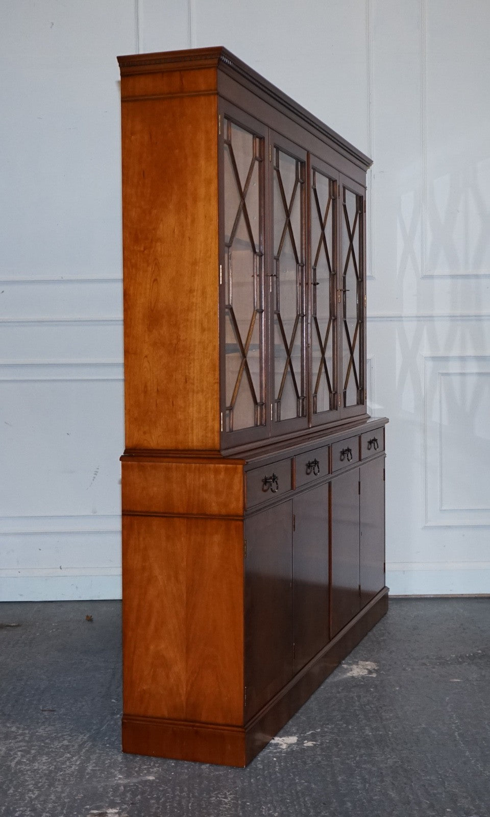 VINTAGE GEORGIAN STYLE YEW WOOD FOUR DOOR DISPLAY CABINET BOOKCASE