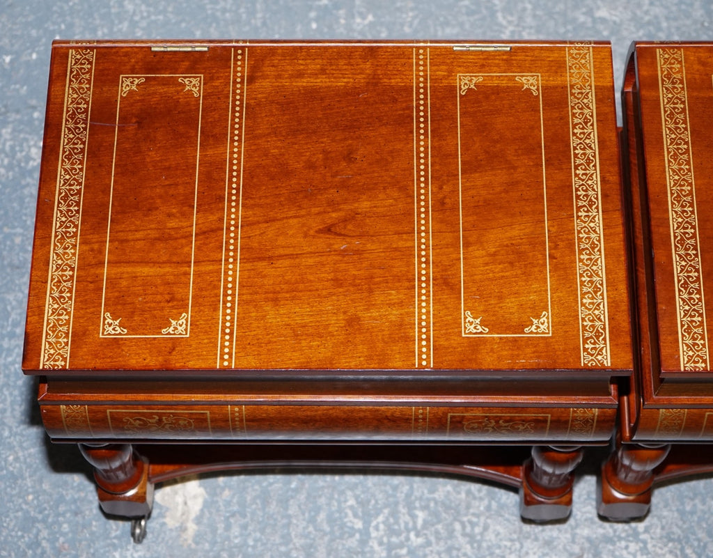MATCHING PAIR OF WOODEN FAUX BOOKS STACK SIDE END WINE TABLES WITH STORAGE