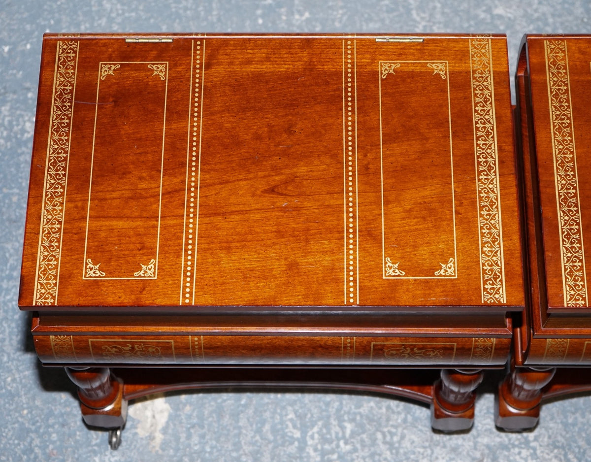 MATCHING PAIR OF WOODEN FAUX BOOKS STACK SIDE END WINE TABLES WITH STORAGE