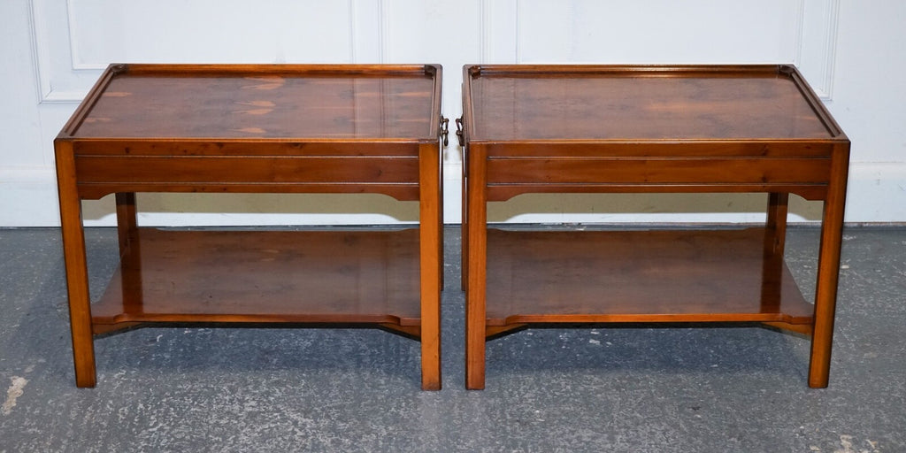 VINTAGE PAIR OF BEVAN FUNNELL YEW WOOD TWO TIERED SIDE LAMP SIDE TABLES