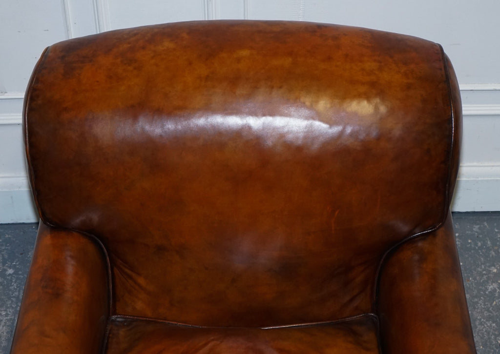 LARGE PAIR HOWARD STYLE HAND DYED LEATHER ARMCHAIRS FEATHER FILLED CUSHIONS