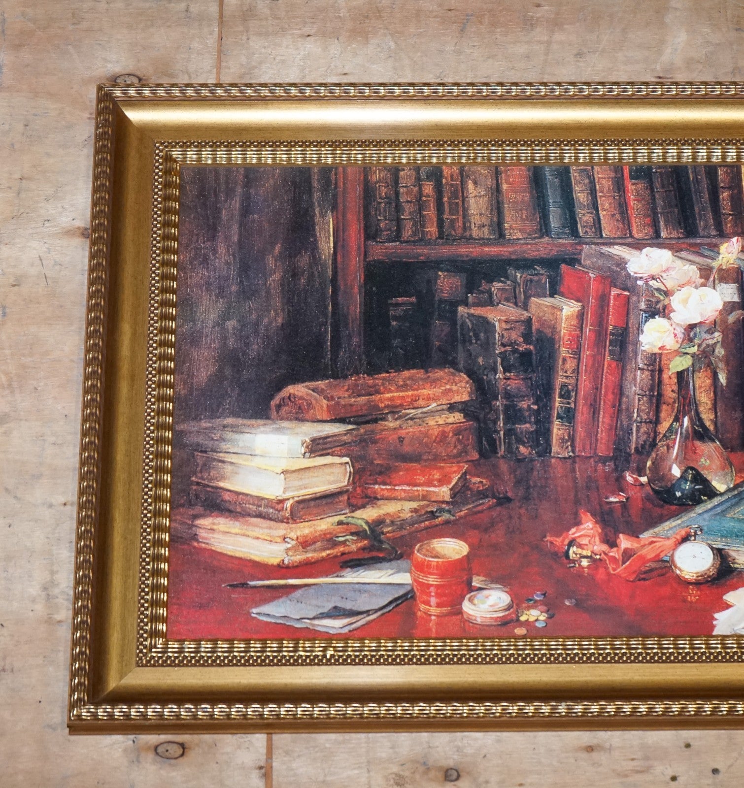 VINTAGE SOPHISTICATED LIBRARY SETTING PRINT IN GILTED FRAME  64 X 114 CM