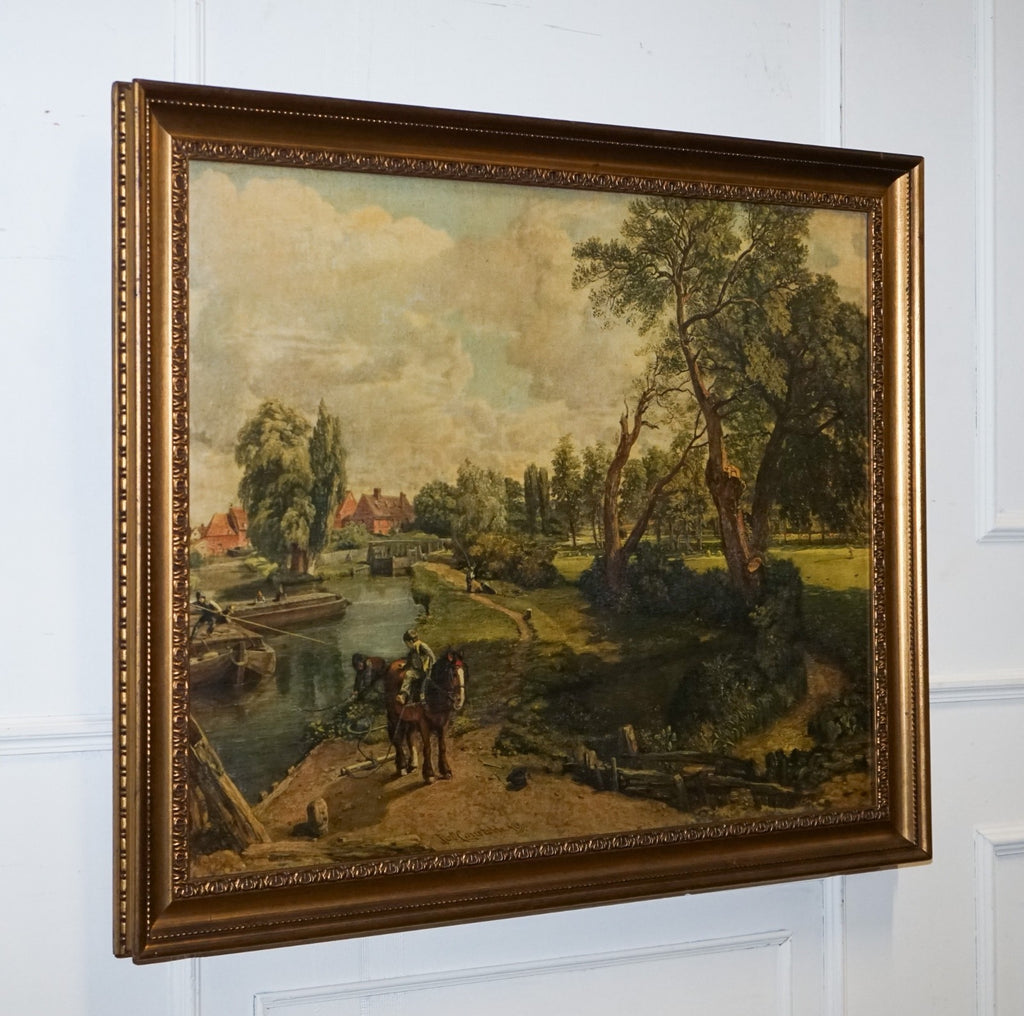 VINTAGE FRAMED COUNTRYSIDE LANDSCAPE PRINT RIVER SCENE WiTH HORSES AND TREES