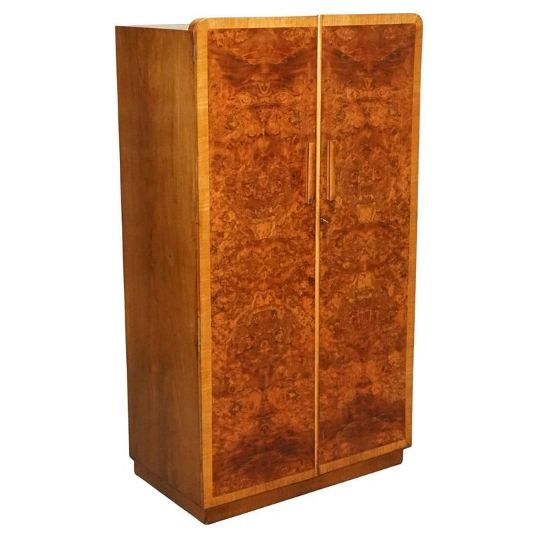 1930s PETITE VINTAGE ENGLISH ART DECO BURR WALNUT DOUBLE WARDROBE LINEN PRESS