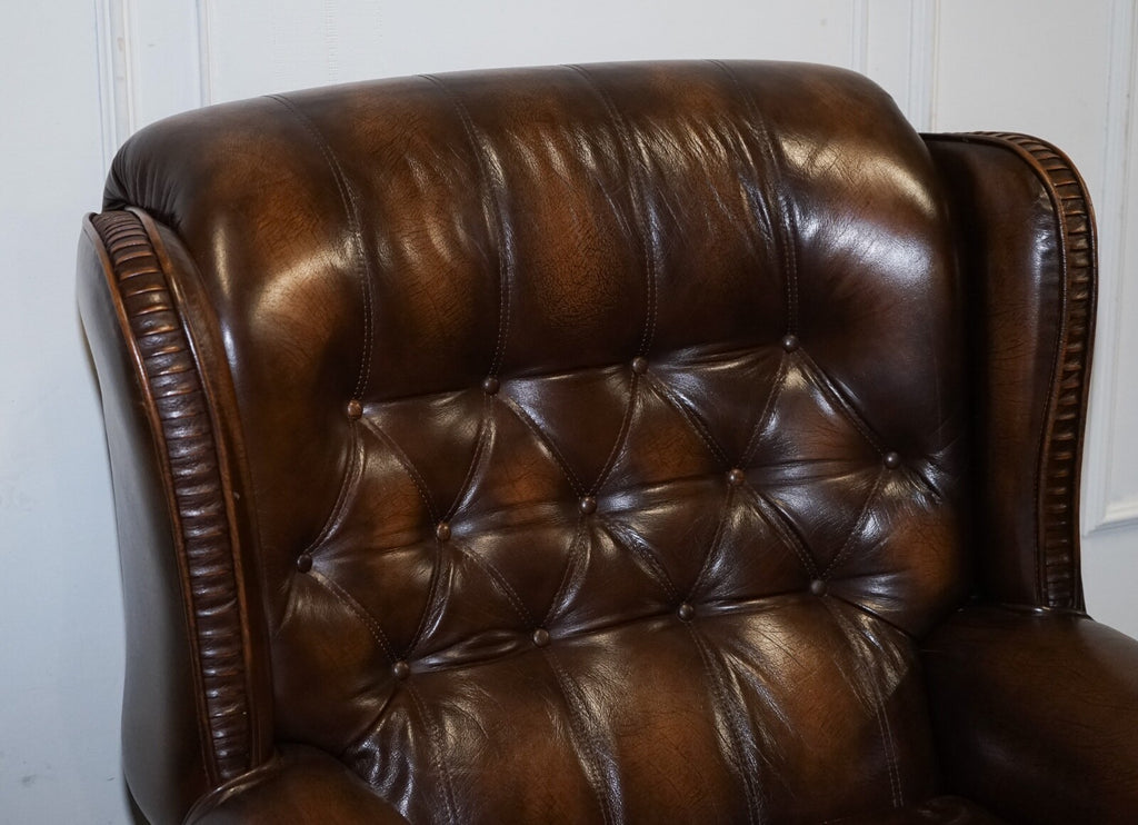 VINTAGE PAIR OF BRITISH MADE BROWN AGED LEATHER MONK CHESTERFIELD ARMCHAIRS