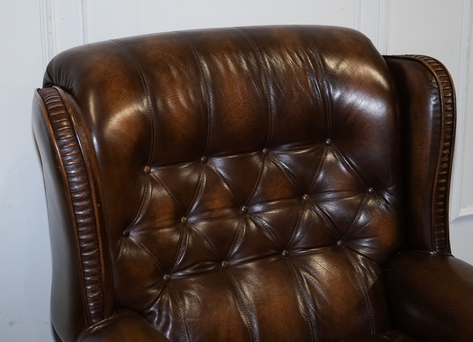 VINTAGE PAIR OF BRITISH MADE BROWN AGED LEATHER MONK CHESTERFIELD ARMCHAIRS