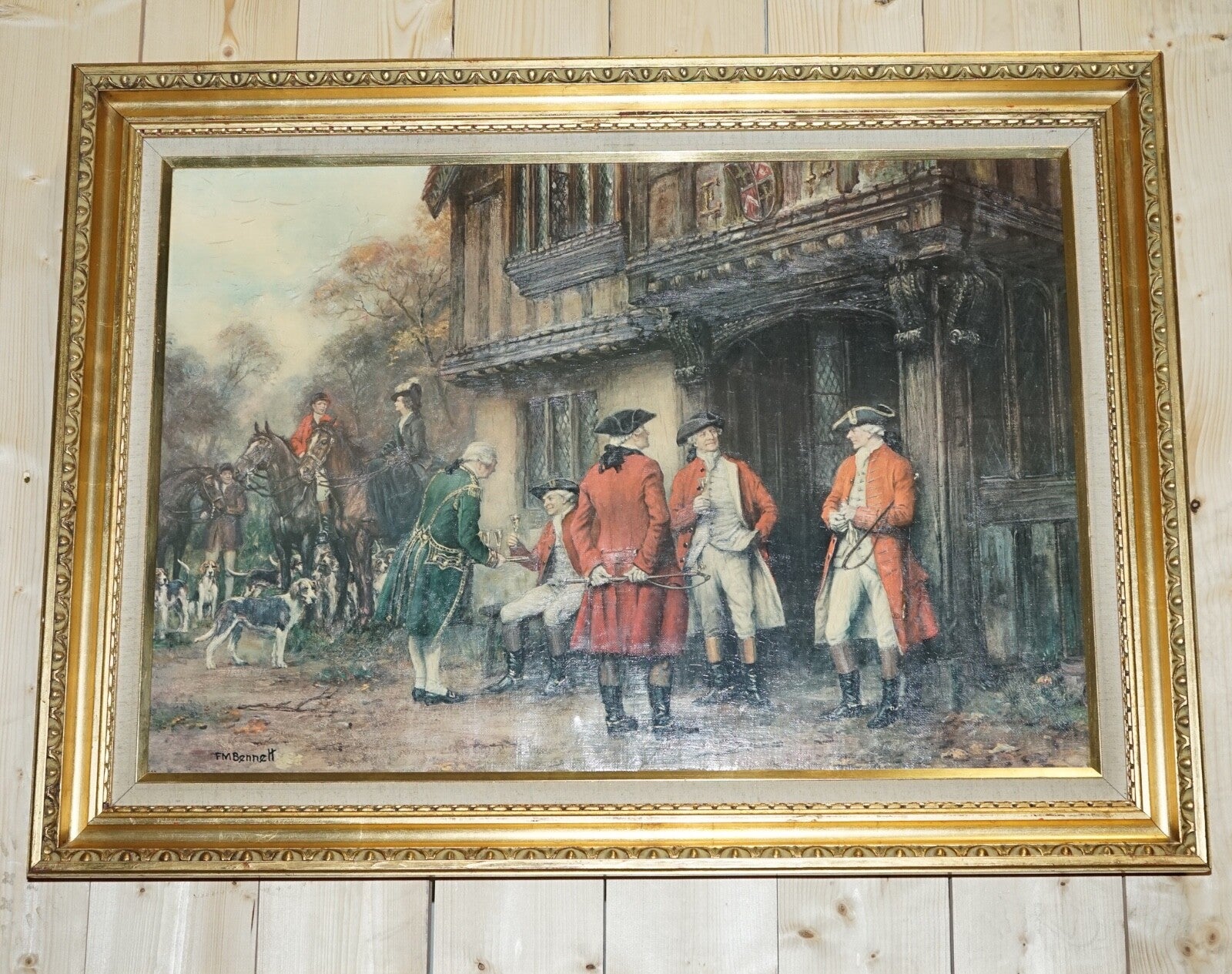 OIL PAINTING IN MANNER OF F.M.  BENNETT ''MEET AT THE LODGE' GILT STYLE FRAME