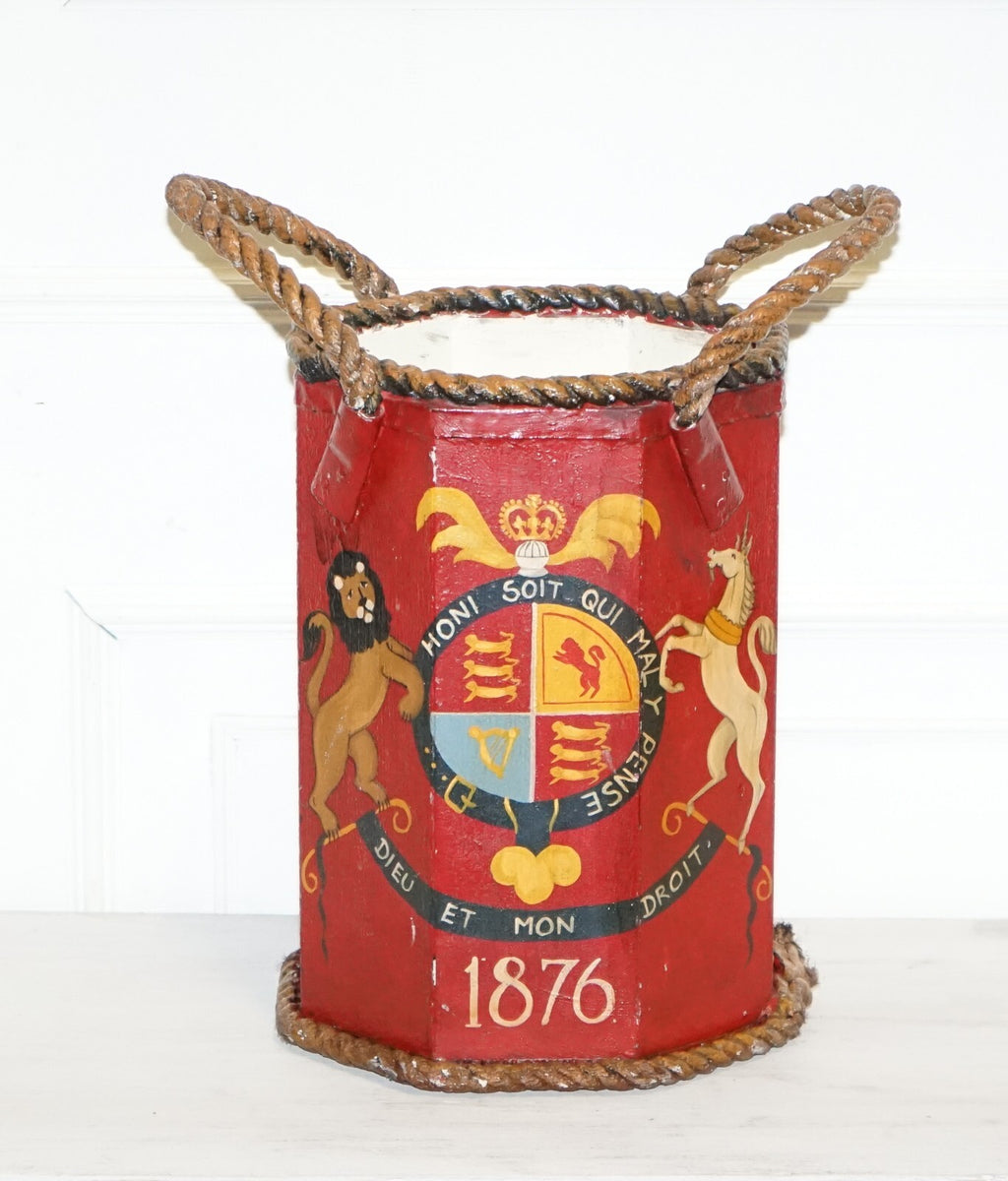 1876 NAVAL HAND PAINTED WOODEN POWDER CANON BIN H.M.S. ESSEX COAT OF ARMS