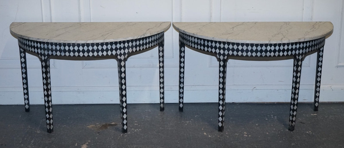 ENGLISH GEORGIAN HAND PAINTED PAIR OF DEMI LUNE SIDE CONSOLE TABLE MARBLE EFFECT
