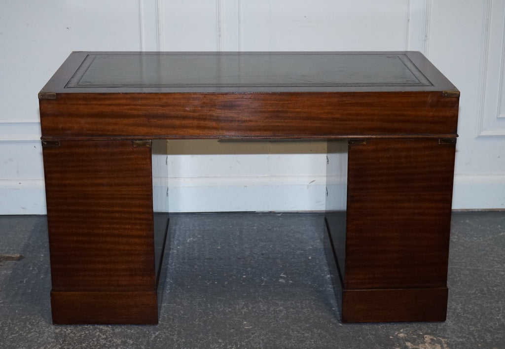 FINE RESTORED MILITARY CAMPAIGN TWIN PEDESTAL DESK WITH GREEN LEATHER TOP