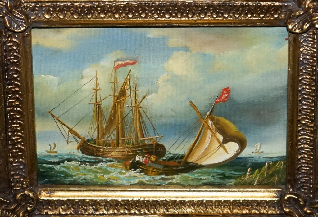 FINE ANTIQUE EARLY 20TH CENTURY OIL PAINTING OF FRENCH SHIP GILTWOOD FRAME