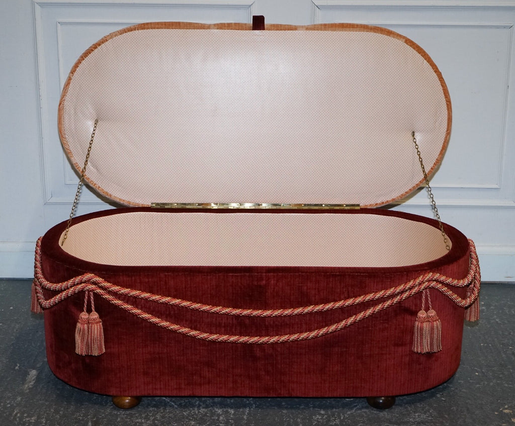 ANTIQUE VICTORIAN FABRIC OTTOMAN BLANKET BED END STORAGE BOX WITH TASSEL ACCENTS