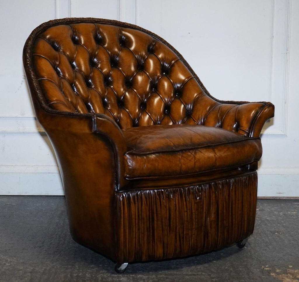RARE PAIR OF BROWN HAND DYED LEATHER CHESTERFIELD ARMCHAIRS WITH PLEATED FRONT