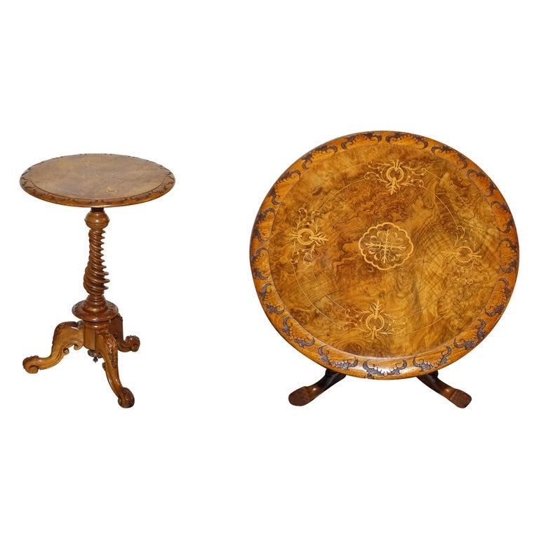 ANTIQUE MARQUETRY BURR WALNUT PEDESTAL SIDE END TABLE WITH CARVED & TURNED BASE