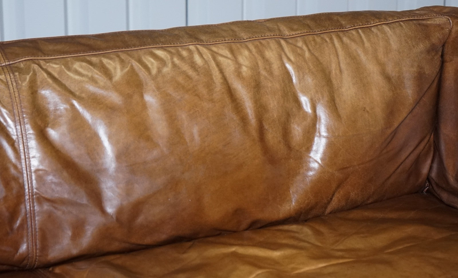 LARGE COMFORTABLE HALO GROUCHO BROWN LEATHER THREE SEATER SOFA