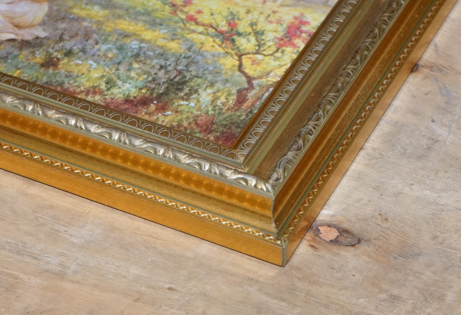 PAINTING PRINT GOLDEN FRAME''PICKING FLOWERS''BY ALFRED GLENDENING JR. 42X52 CM