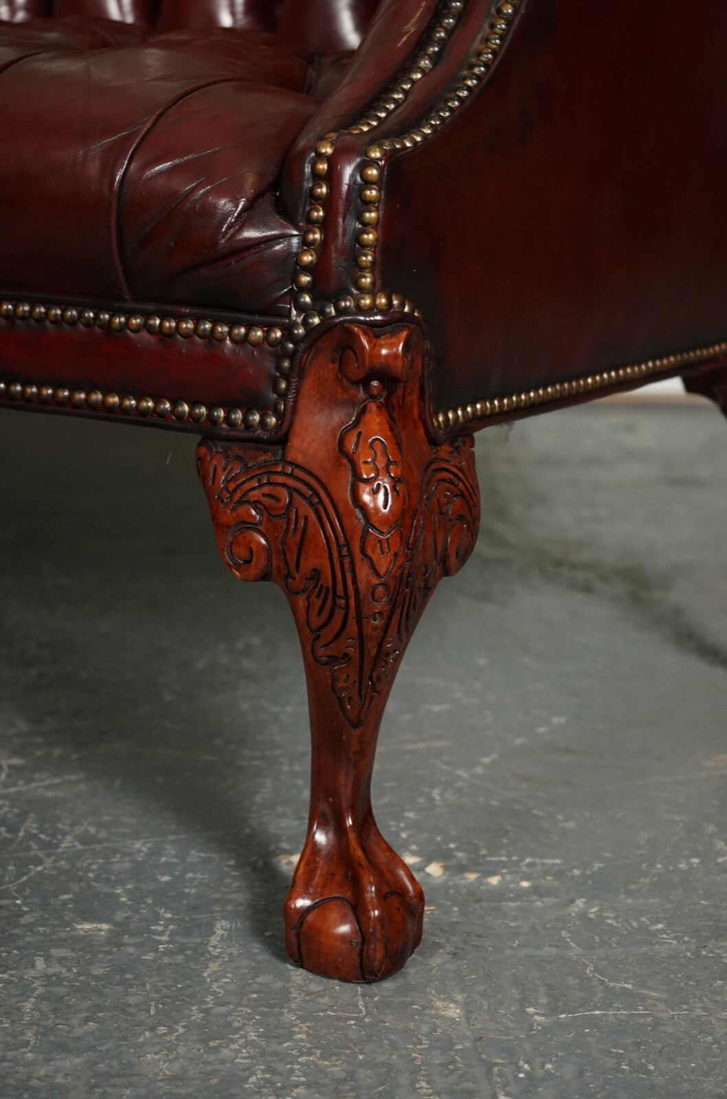 RESTORED HAND DYED BURGUNDY HUMP CAMEL BACK REGENCY CHESTERFIELD BUTTONED SOFA