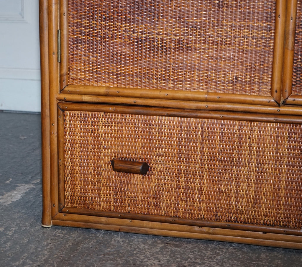 VINTAGE RATTAN AND CANE TWO DOOR AMOIRE OR WARDROBE WITH ONE DRAWER