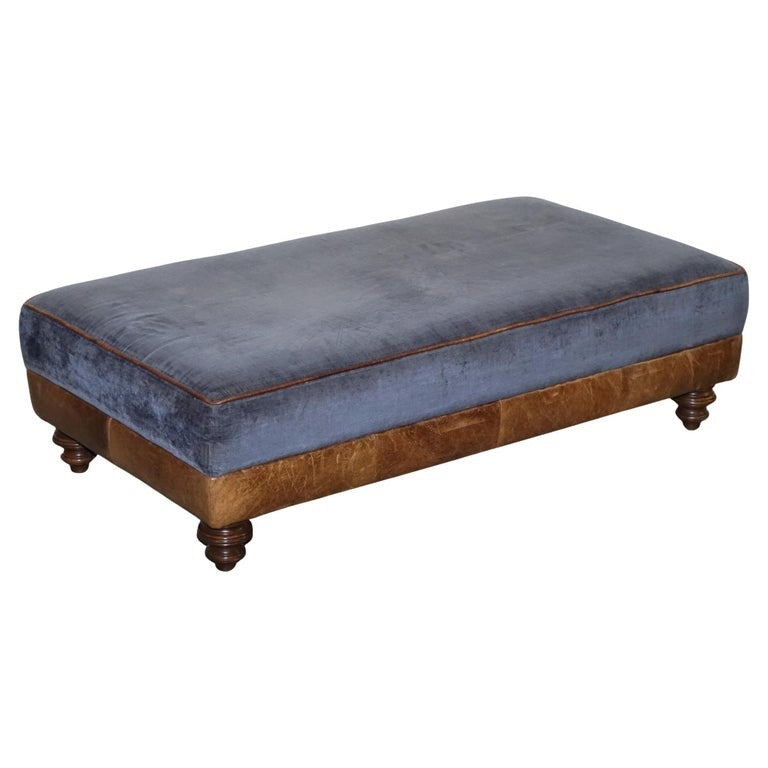 LARGE TETRAD CONSTABLE OTTOMAN RECTANGULAR FOOTSTOOL BLUE FABRIC & LEATHER BASE