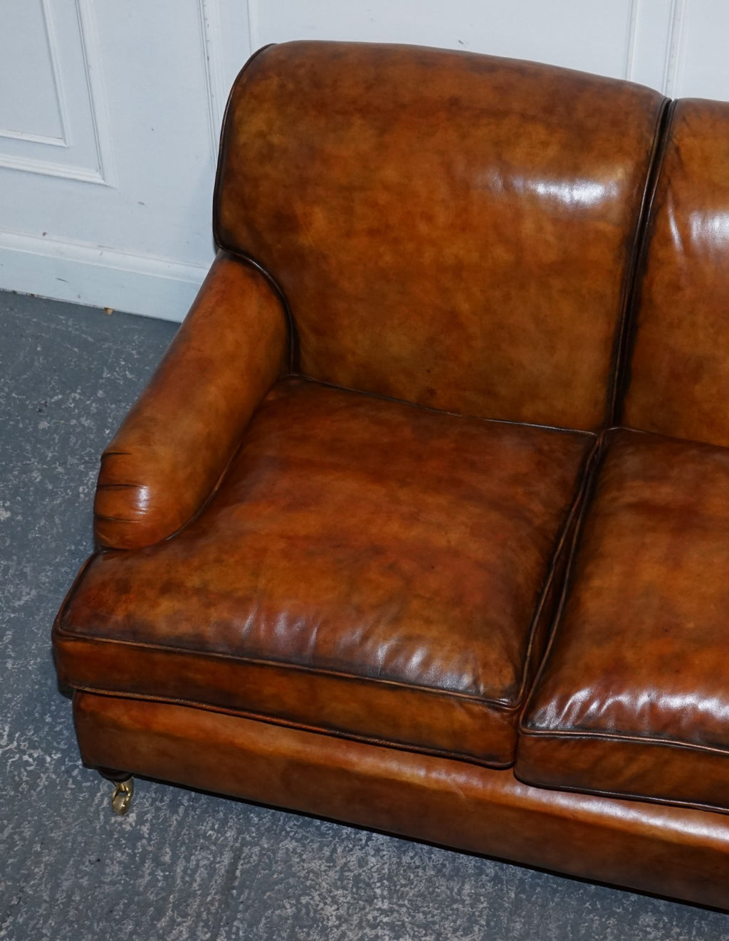RESTORED HAND DYED LEATHER THREE SEATER SOFA HOWARD & SONS STYLE FEATHER FILLED