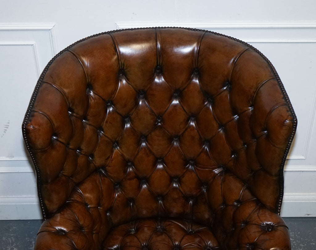 RESTORED CHESTERFIELD HAND DYED LEATHER PORTERS WINGBACK ARMCHAIR