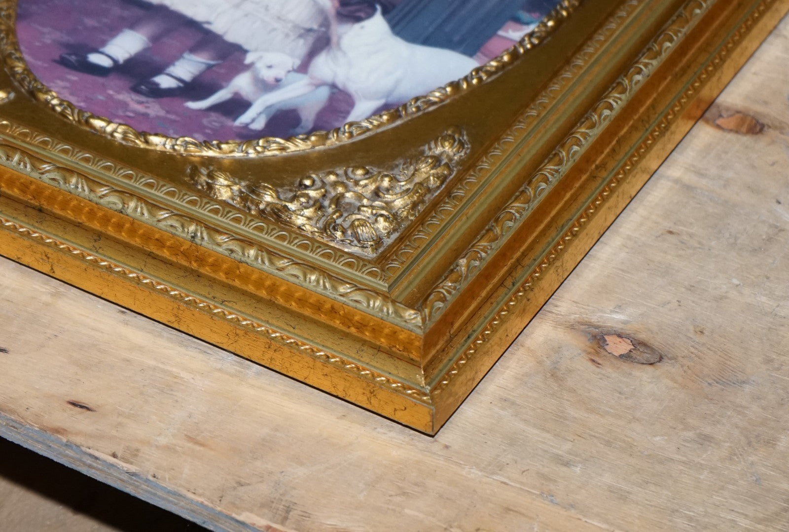 VINTAGE VICTORIAN STYLE PRINT GIRL WITH DOG AND PUPPIES GITLED FRAME 52 X 42 CM