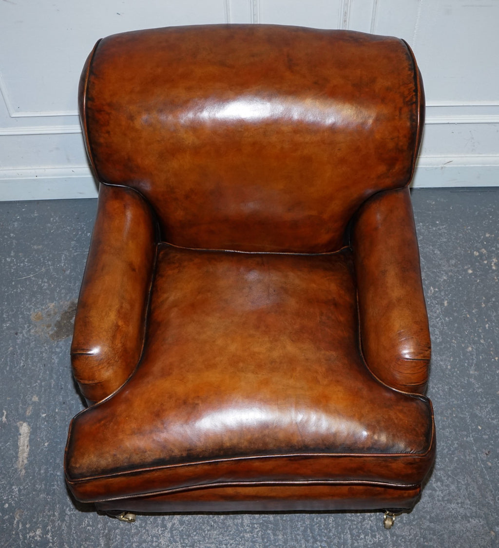 LARGE PAIR OF HOWARD STYLE HAND DYED LEATHER ARMCHAIRS FEATHER FILLED CUSHIONS