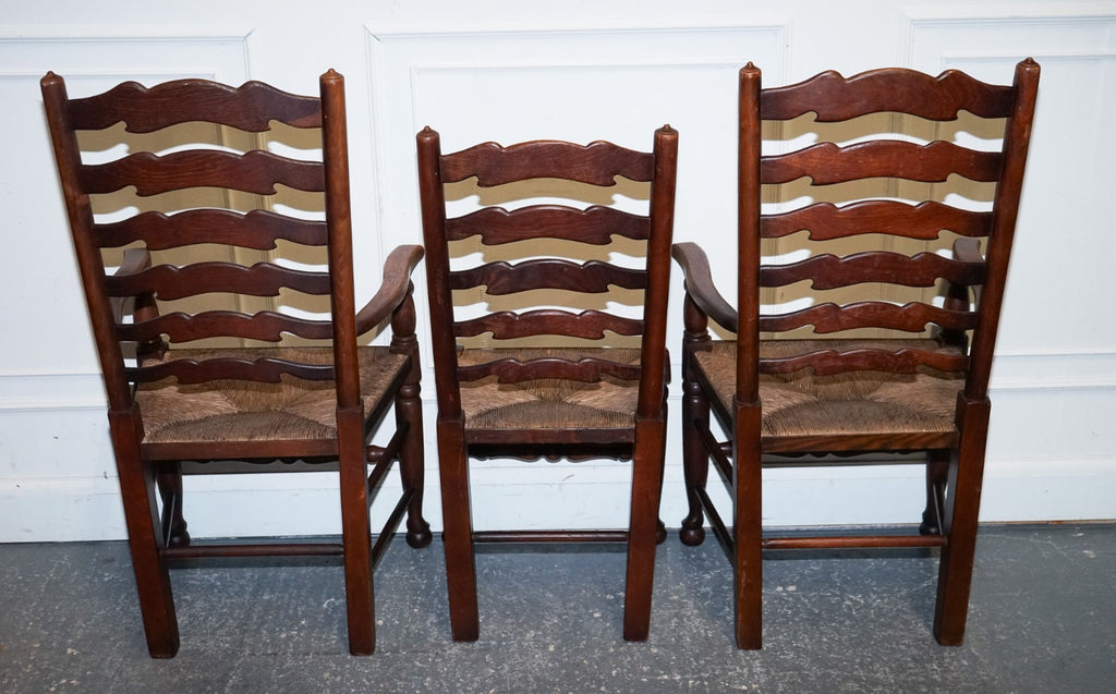SET OF SIX ENGLISH ANTIQUE CIRCA 1910 LADDERBACK RUSH SEAT DINING CHAIRS