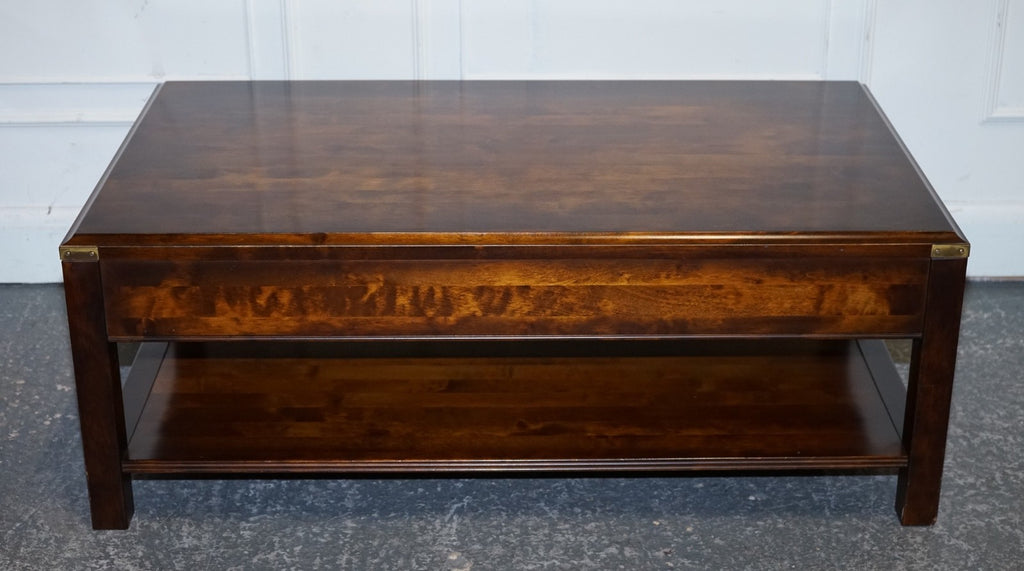 VINTAGE MILITARY CAMPAIGN MAHOGANY & BRASS COFFEE TABLE WITH TWO DRAWERS