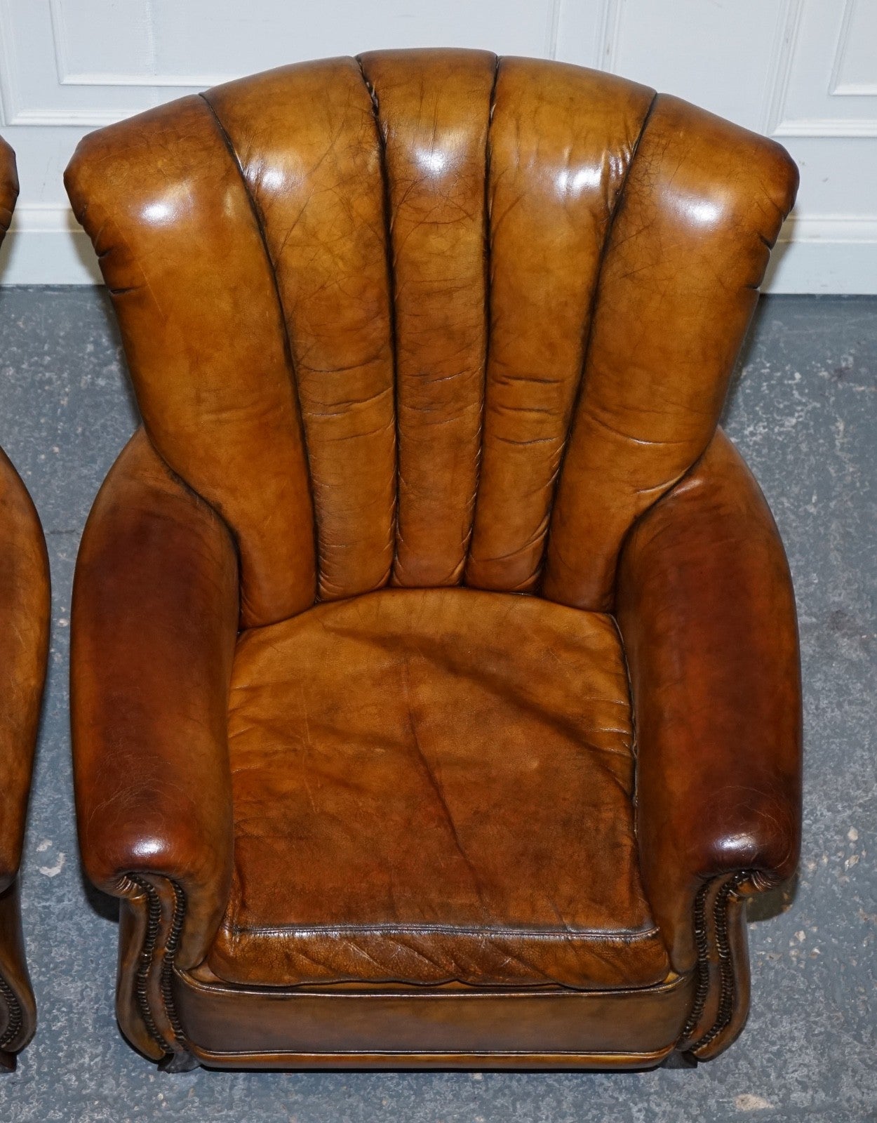 VINTAGE PAIR OF ART DECO STYLE HAND DYED LEATHER SHELL ARM CHAIRS