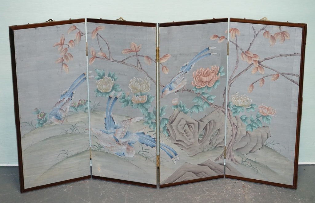 VINTAGE EXOTIC ORIENTAL BIRDS & FLOWERS FOLDING FOUR PANEL PETITE ROOM DIVIDER
