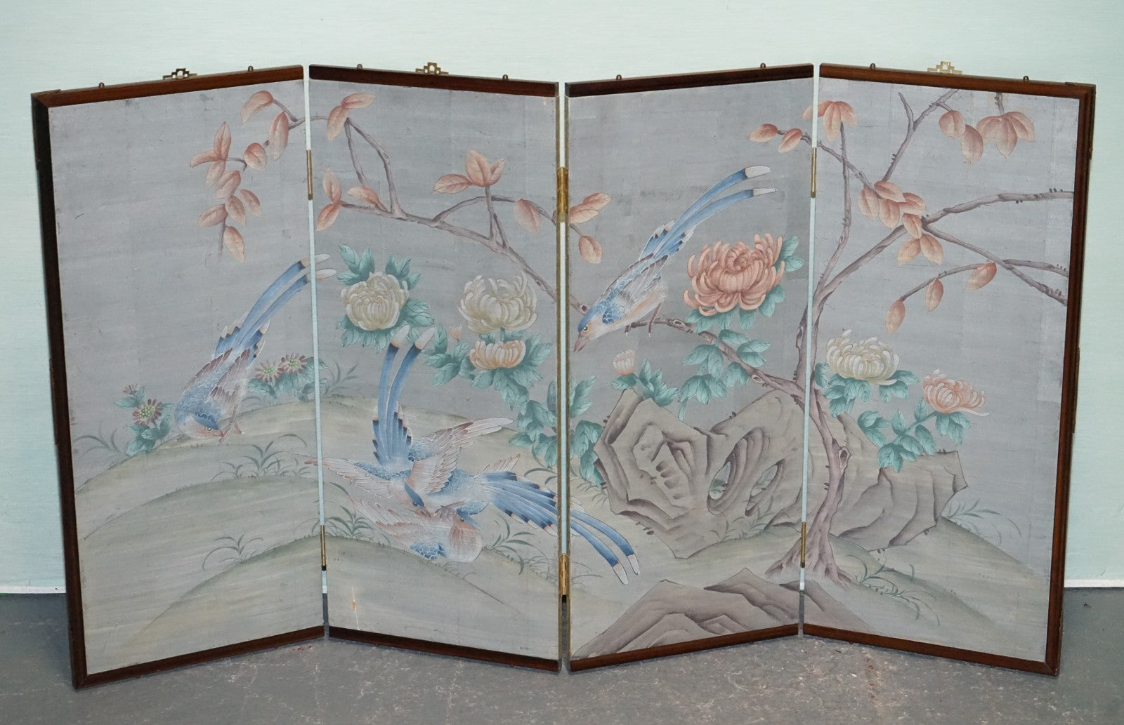 VINTAGE EXOTIC ORIENTAL BIRDS & FLOWERS FOLDING FOUR PANEL PETITE ROOM DIVIDER